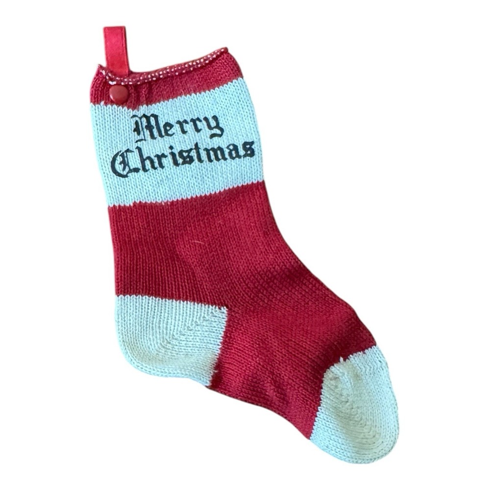 Vintage Merry Christmas Mini Knit Stocking Tree Ornament Red White Holiday Decor